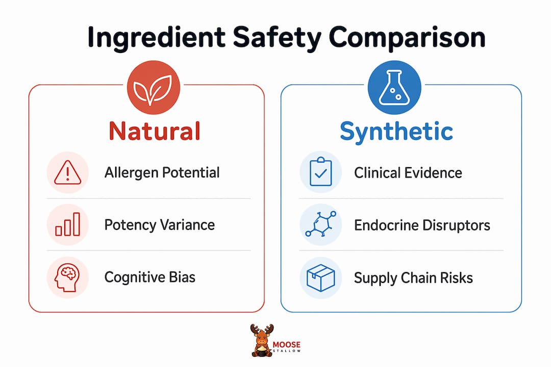 Infographic comparing natural and synthetic skincare ingredient safety