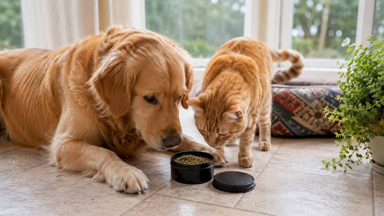 Dog and cat smelling fragrant herbs on floor