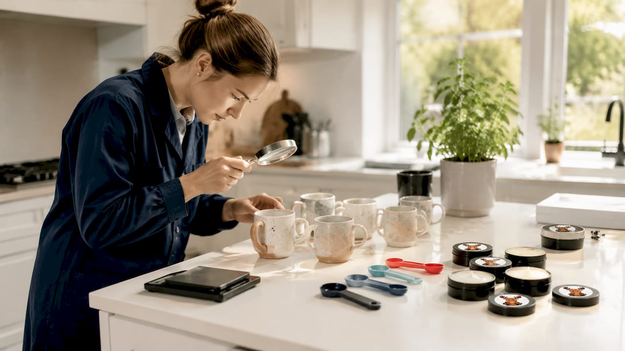 Technician inspecting ceramic mugs for defects