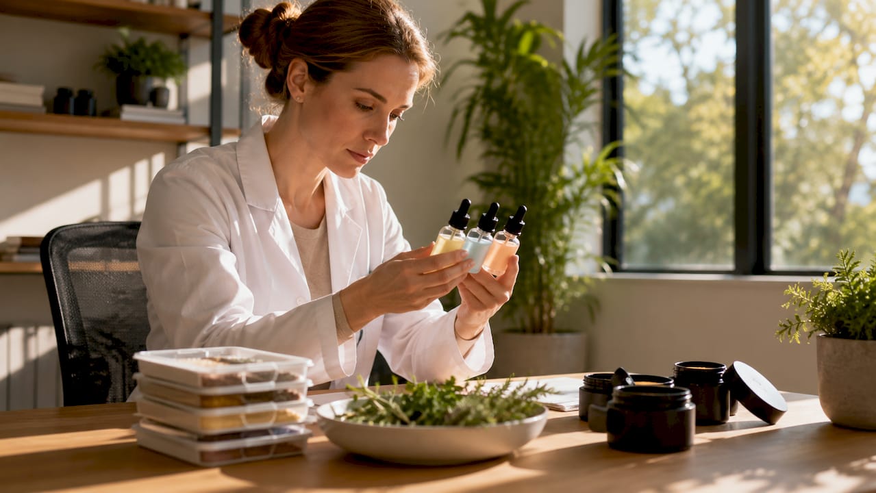Dermatologist hands holding skincare serums and pH meter