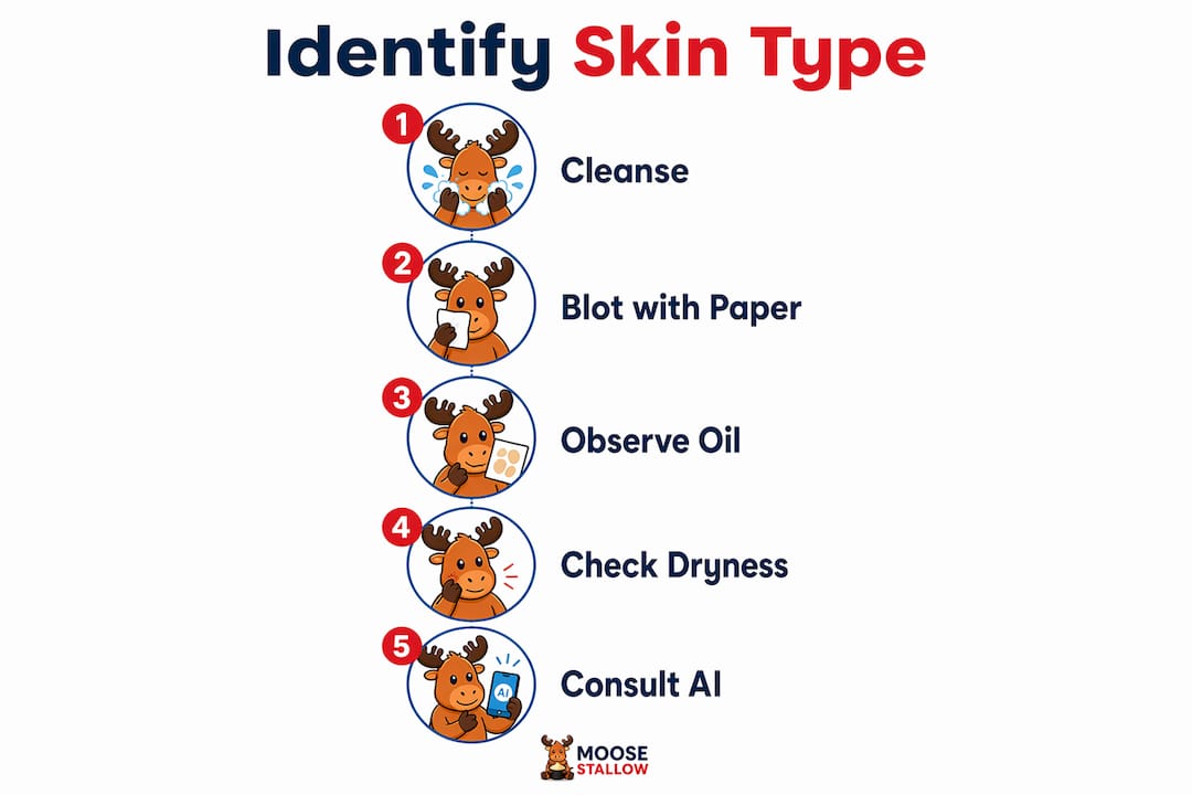 Infographic illustrating five steps to identify skin type