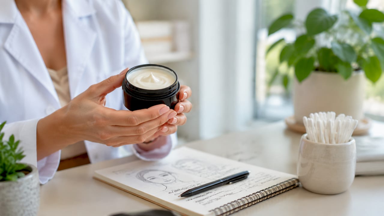 Dermatologist holding ceramide cream jar