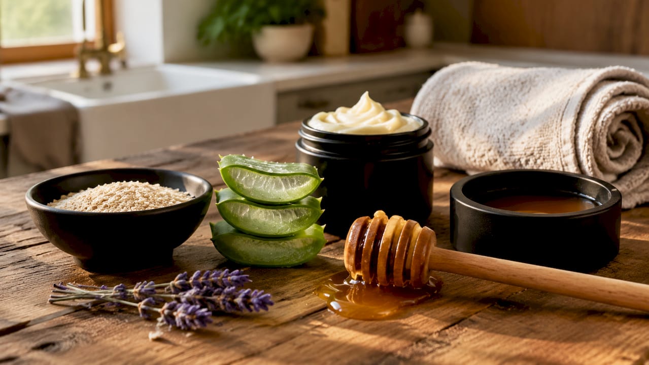 Natural ingredients for dry skin home remedies on table