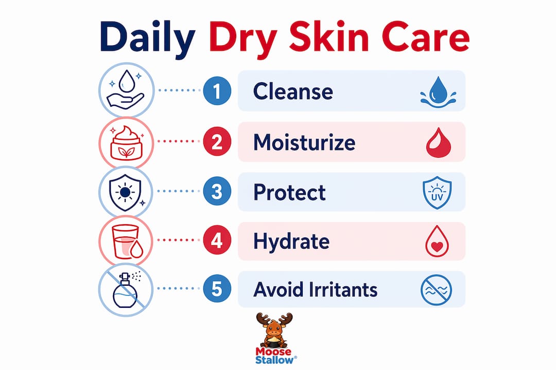 Infographic illustrating daily dry skin care steps