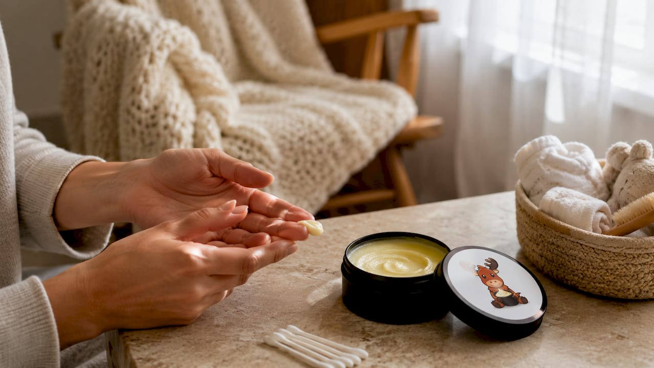 Parent holding baby safe moisturizer tin in bathroom