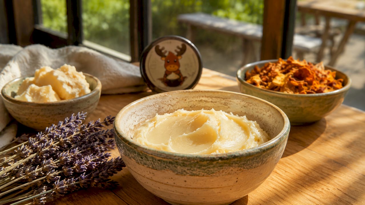 Close-up of matte black tallow container and natural ingredients