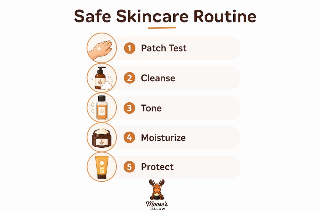 Infographic showing steps to build simple safe skincare routine