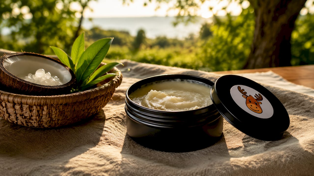 Close-up of black matte tin deodorant balm with natural ingredients