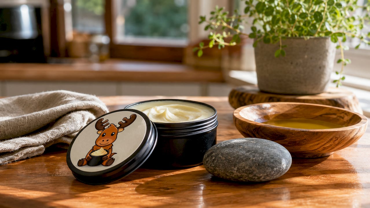 Skincare setup with black matte tin tallow and natural tools