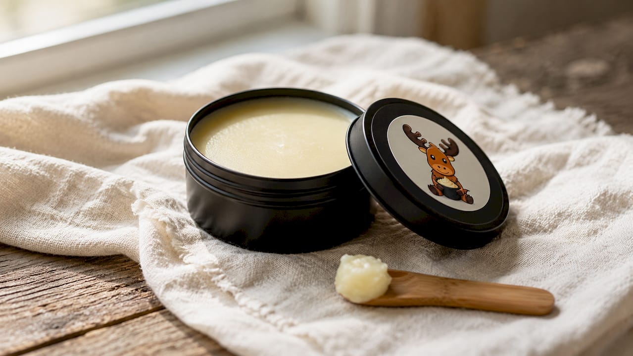 Close-up of Moose's Tallow balm tin and spatula