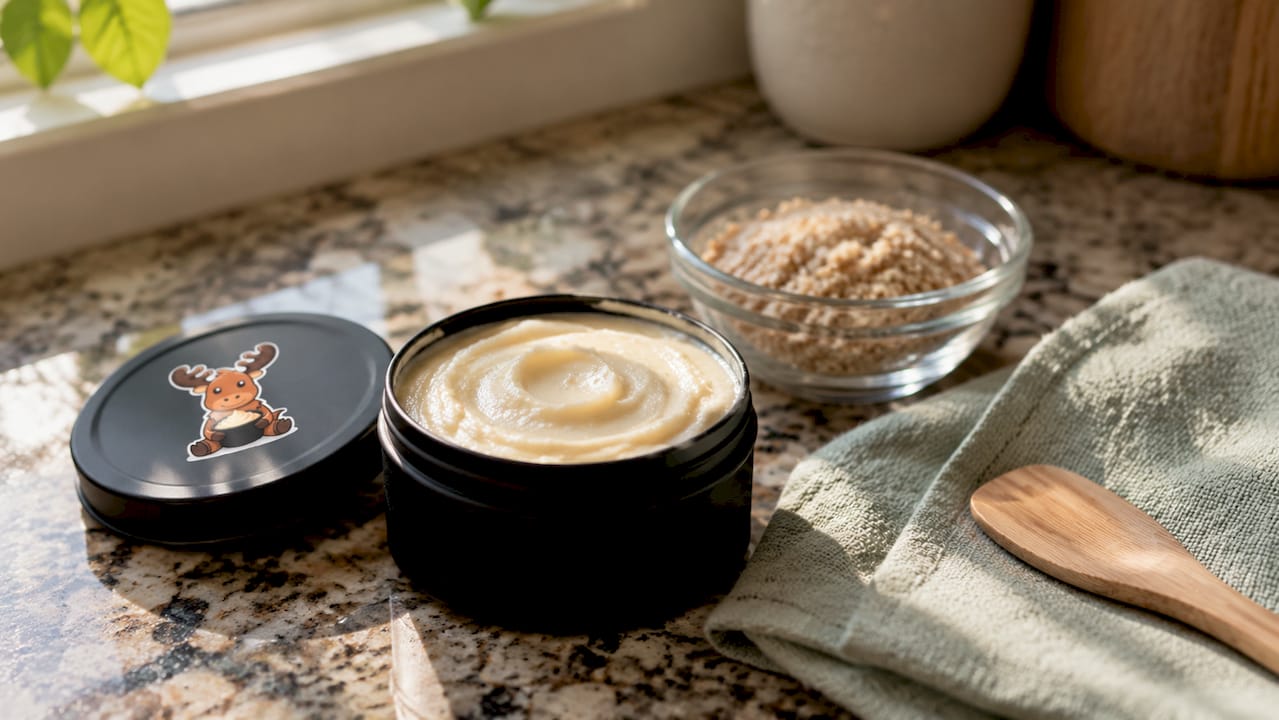 Open black matte tallow container with spatula and towel