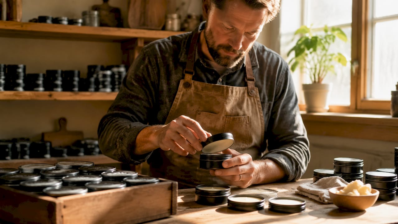 Artisan's hands placing lid on black matte tallow tin