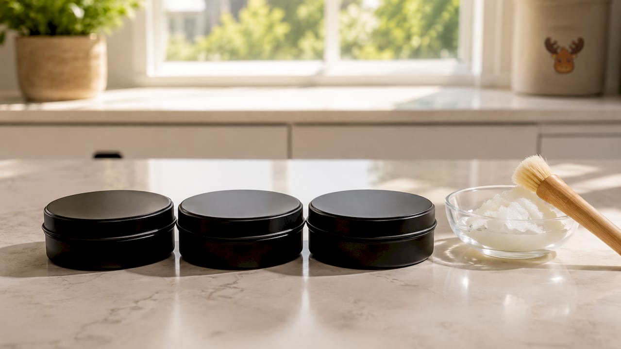 Overhead shot of black tin containers and natural ingredients