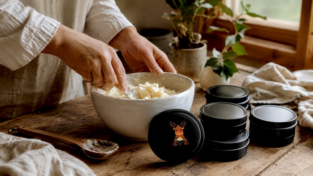 Hands measuring ingredients near tallow containers