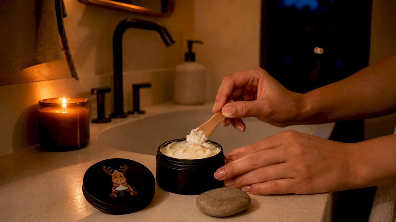 Hands scooping cream from black matte tallow container