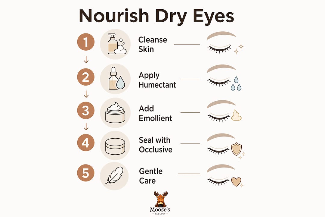 Infographic showing steps to nourish dry under eyes