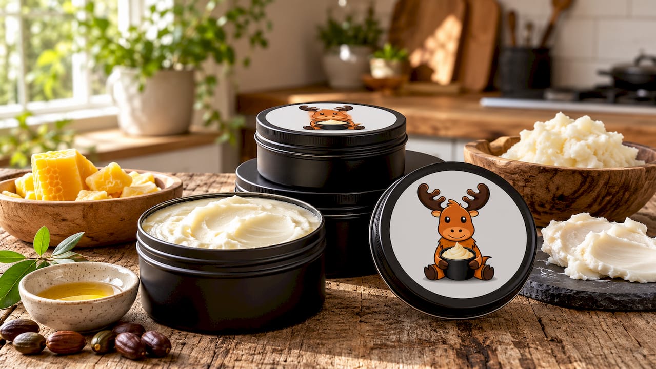 Matte black tins with natural skincare ingredients overhead
