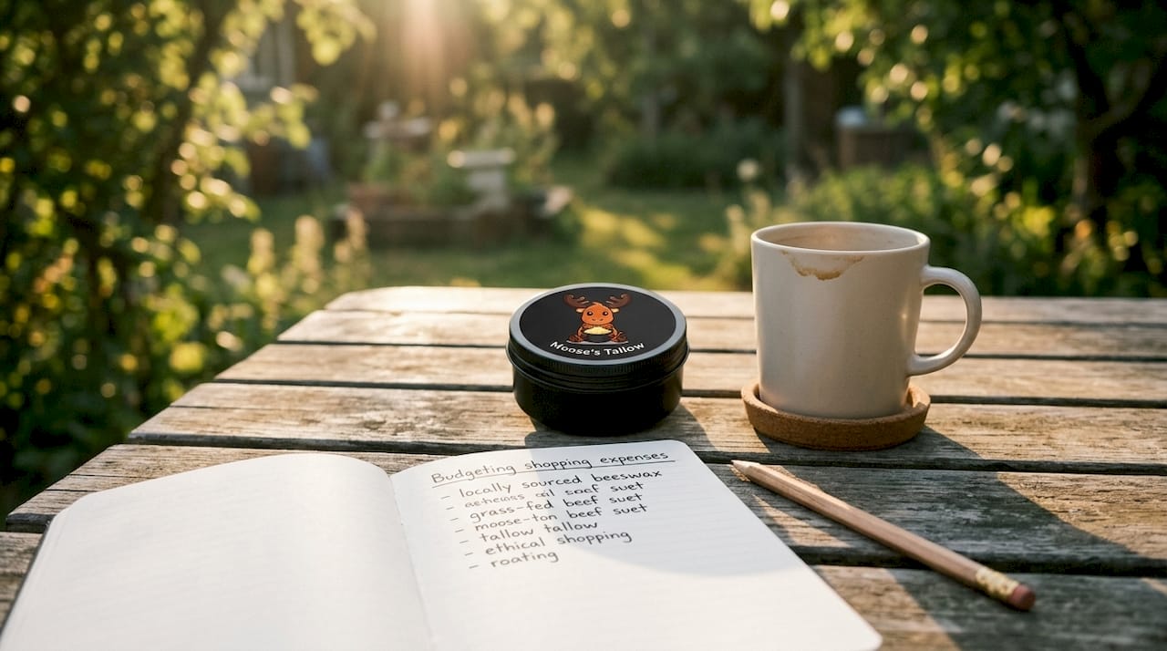 Workspace with tallow tin and budget planner for ethical shopping