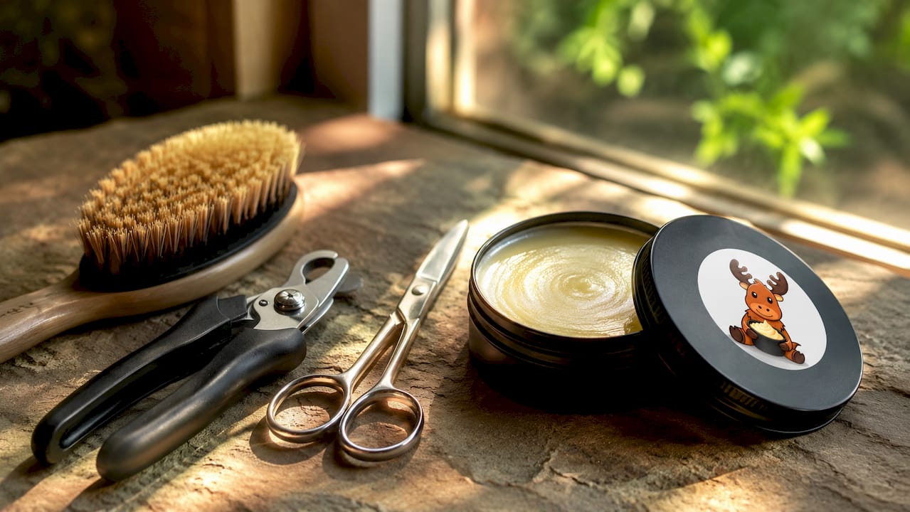 Overhead view of dog paw grooming tools and black matte tallow balm