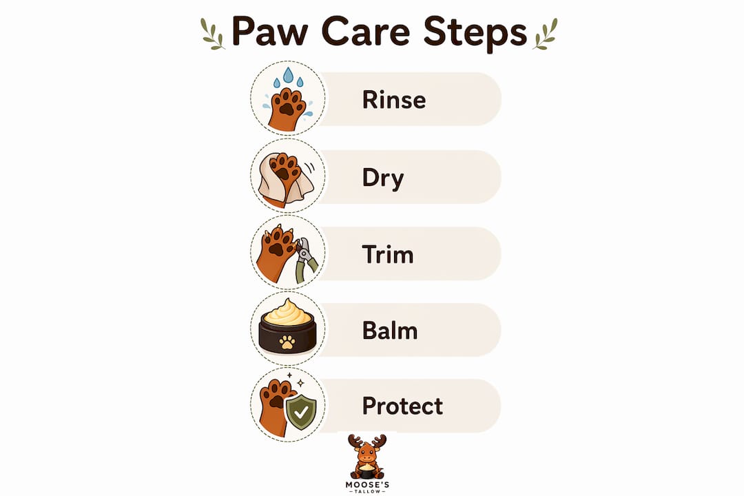 Infographic illustrating five key steps for dog paw care
