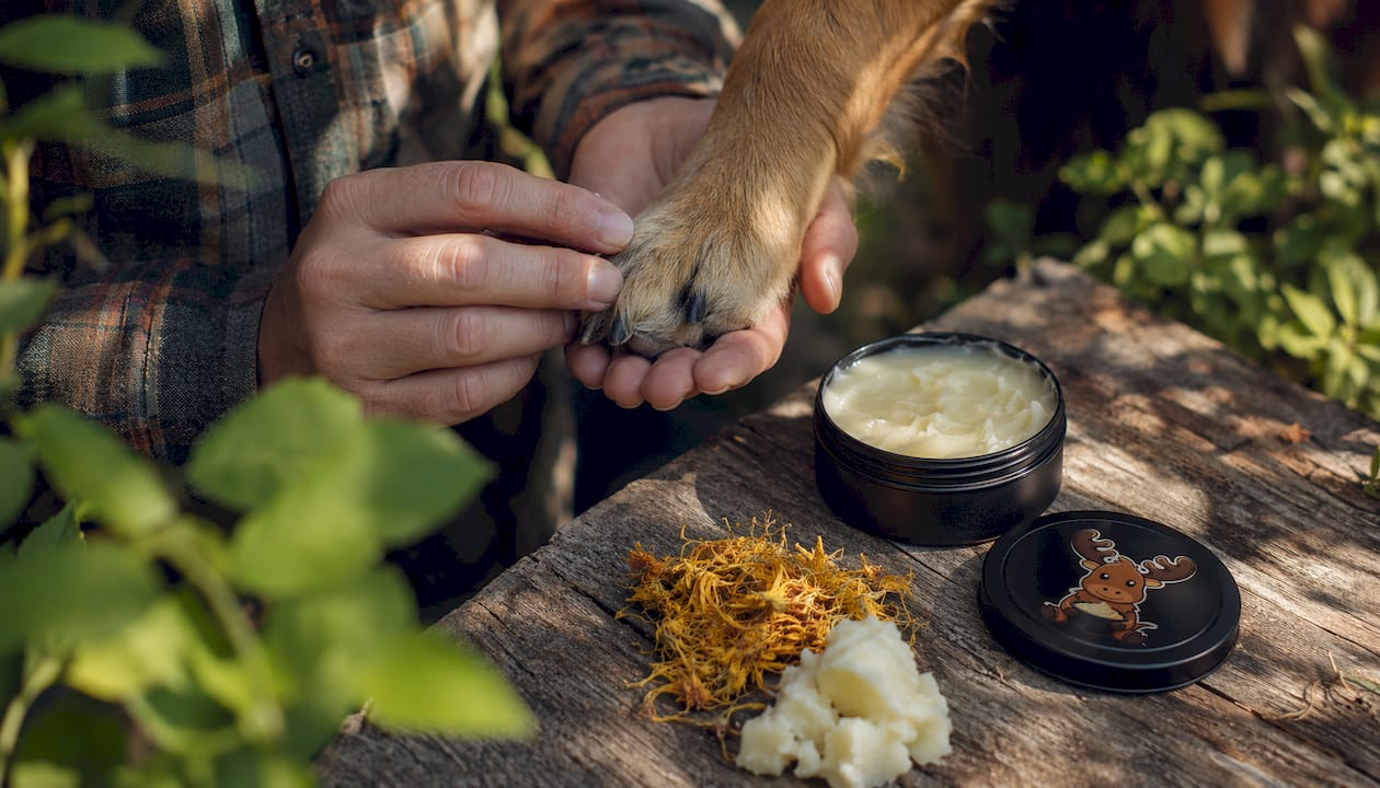 Applying natural paw balm from black tin container