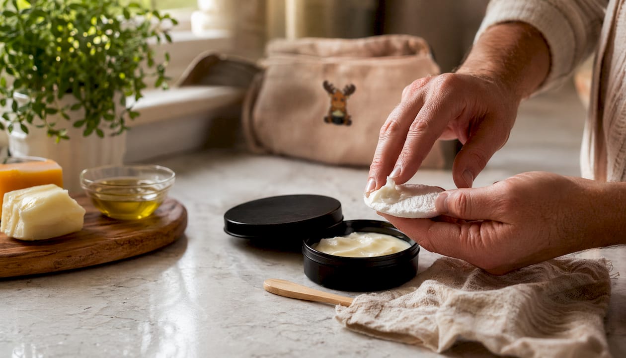 Hands applying product from black matte tin container