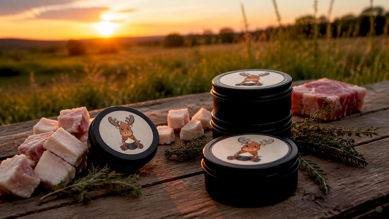 Tallow containers with beef suet on rustic outdoor table