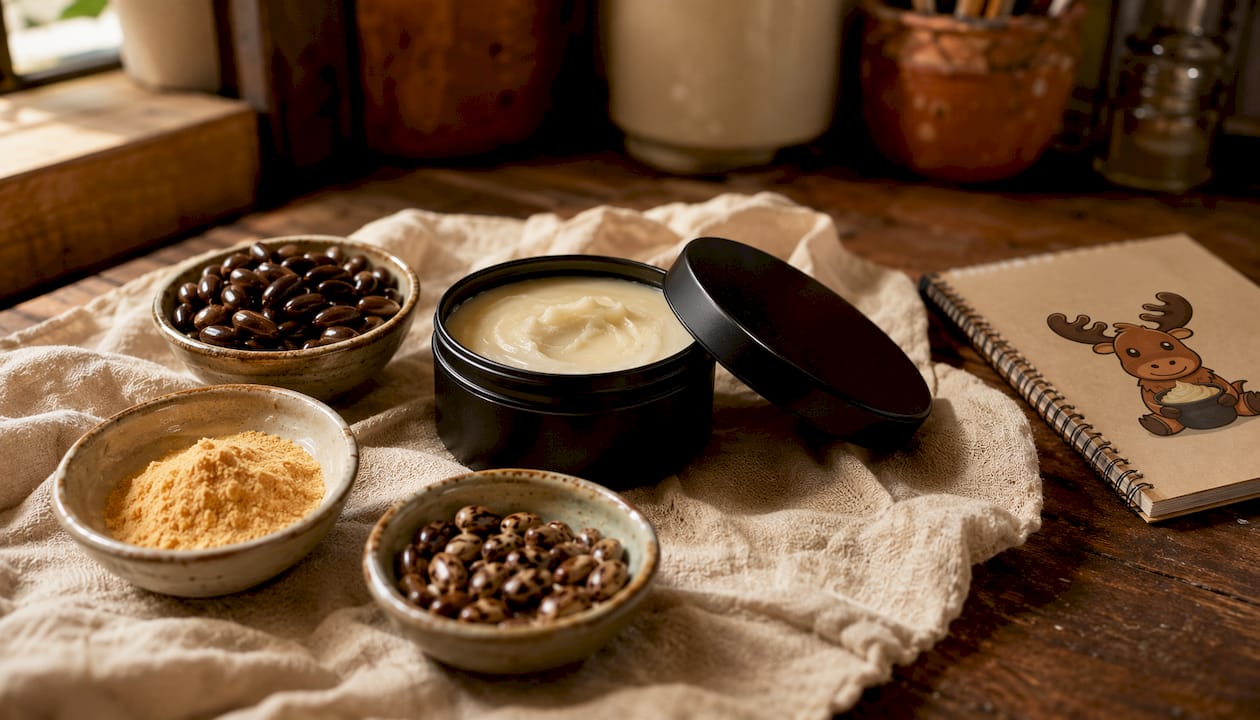Ingredientes naturales con envases de lata negra mate