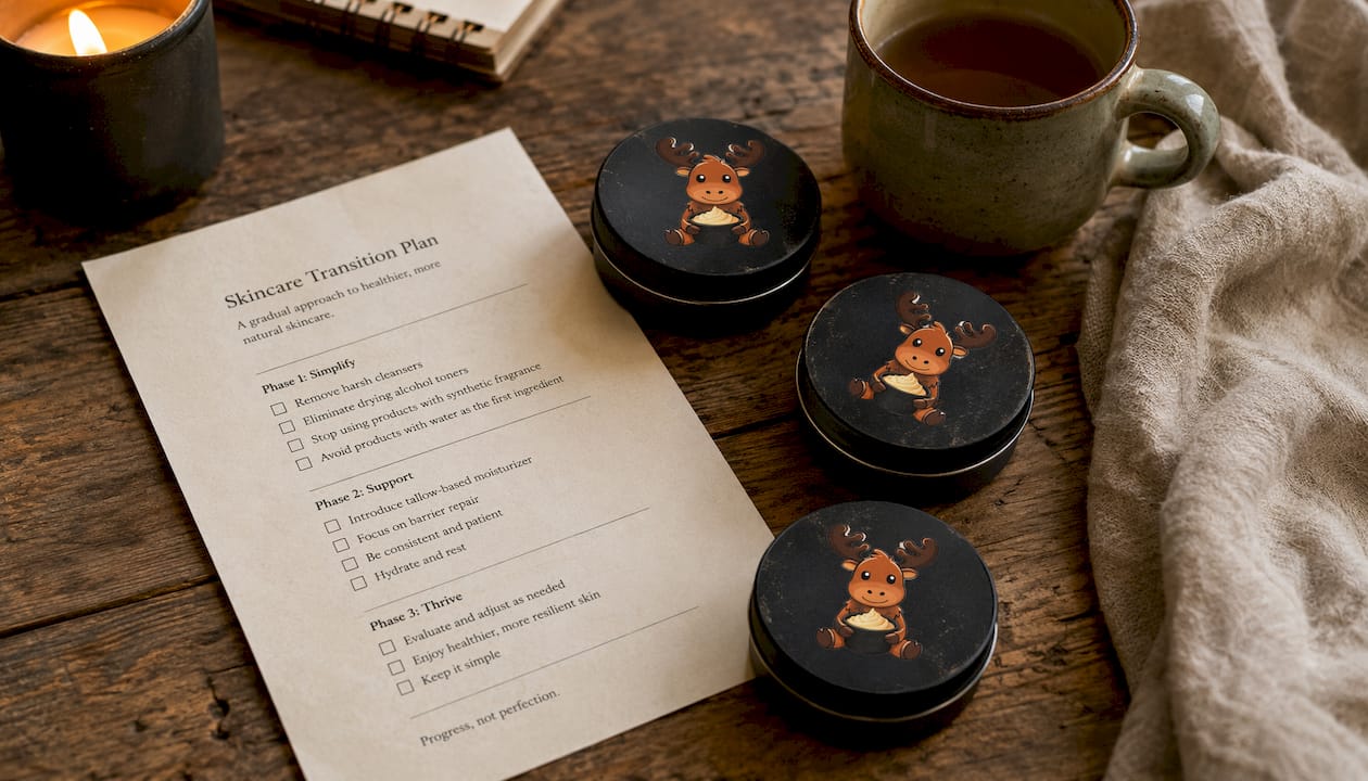 Overhead desk scene with tallow containers and checklist