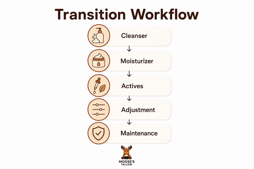 Infographic illustrating natural skincare transition steps