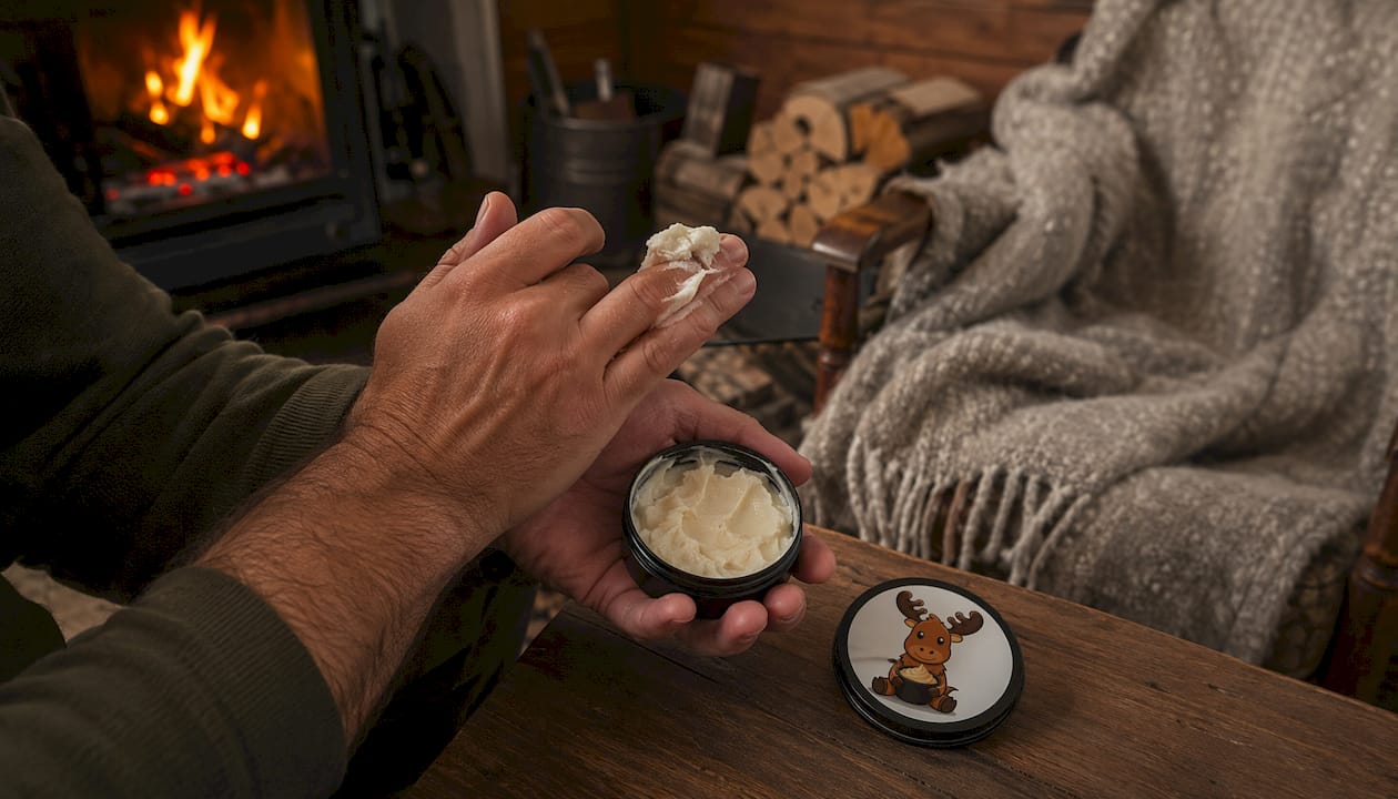 Hands scooping tallow ointment from black tin