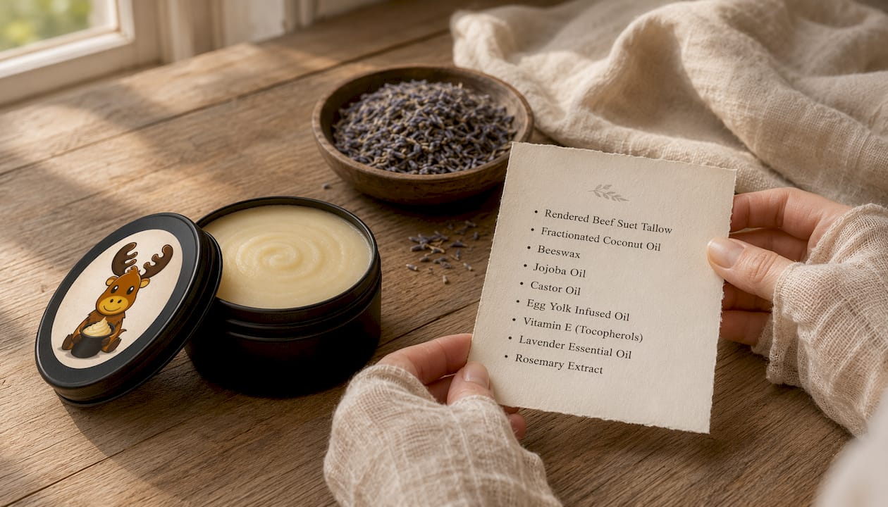 Manos sosteniendo la lista de ingredientes de una loción natural junto a una lata de loción