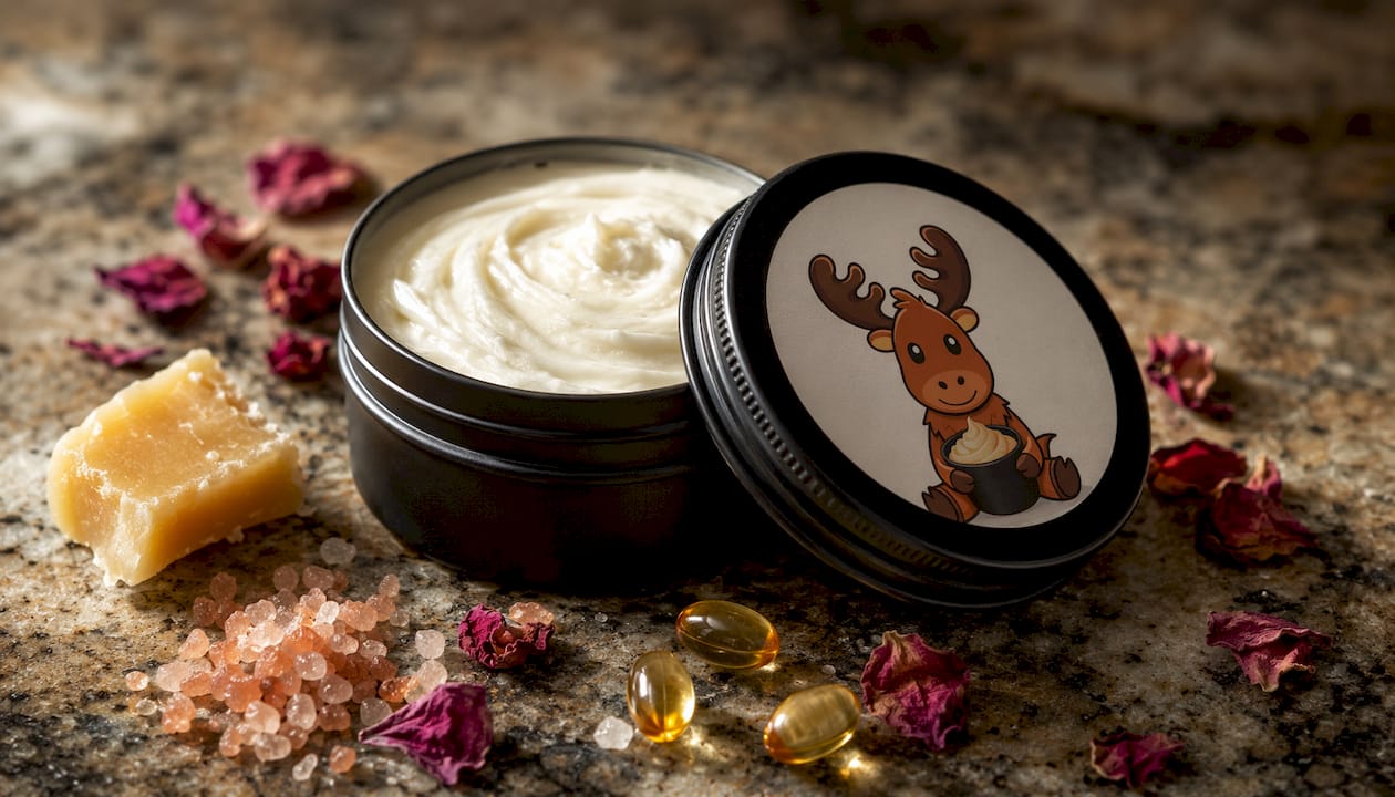 Close-up of tallow container lid with natural ingredients