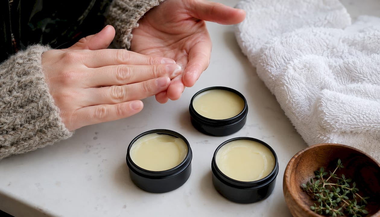 Hands warming tallow balm above open tins in bathroom