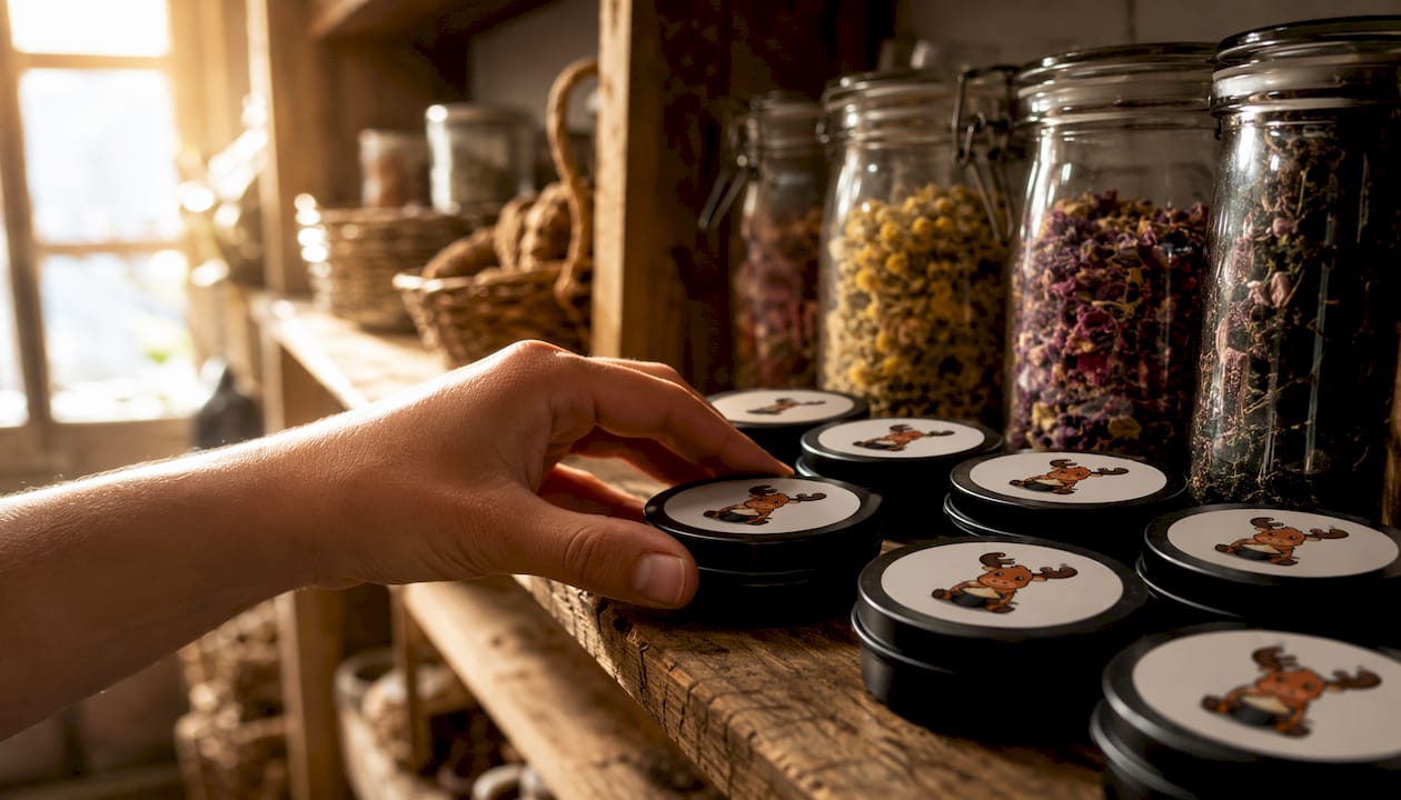 Black matte tin tallow containers on wooden shelf in shop