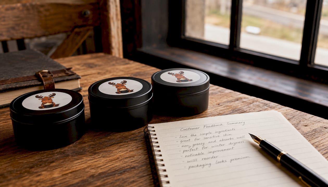 Matte black tallow containers with feedback tools on desk