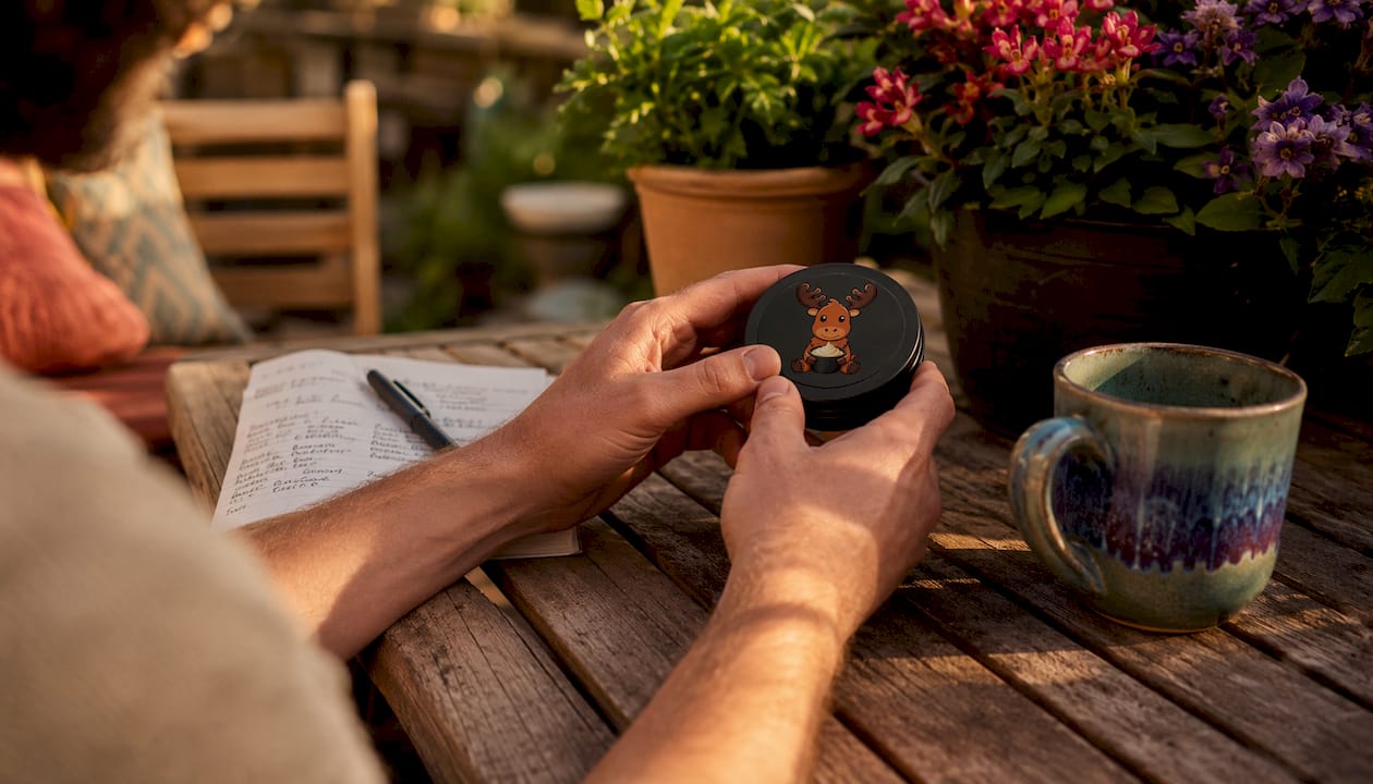 Hands holding matte black tallow container with review notes