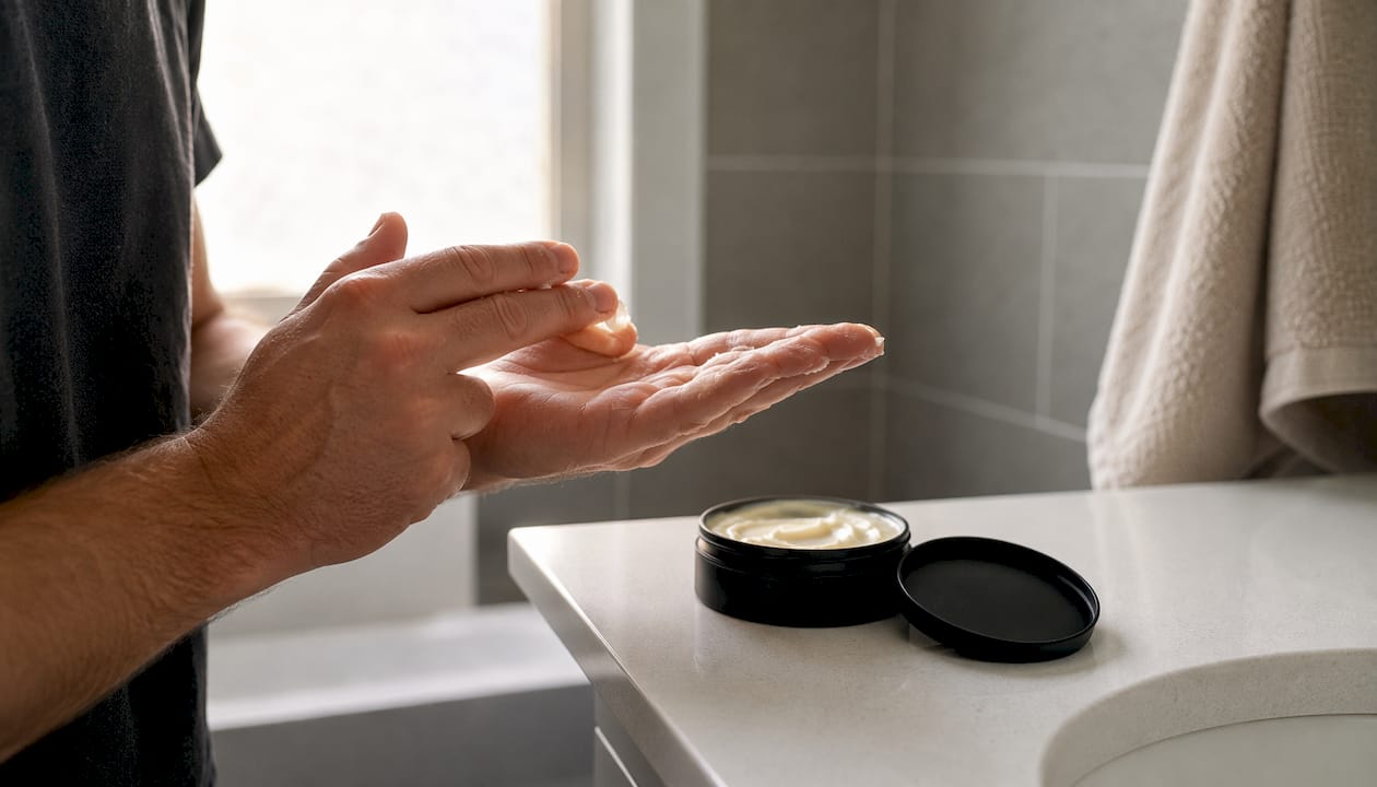 Hands warming tallow balm from black matte tin