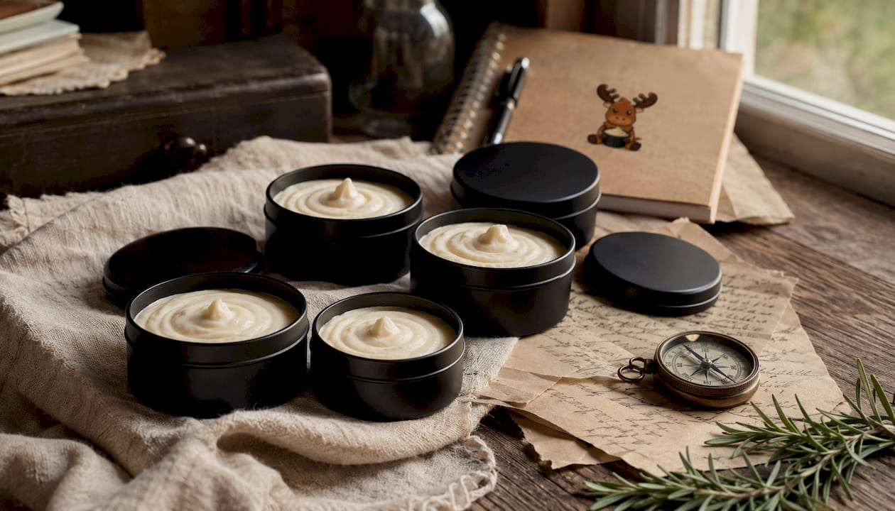 Flat-lay of black tallow tins and ingredient lists
