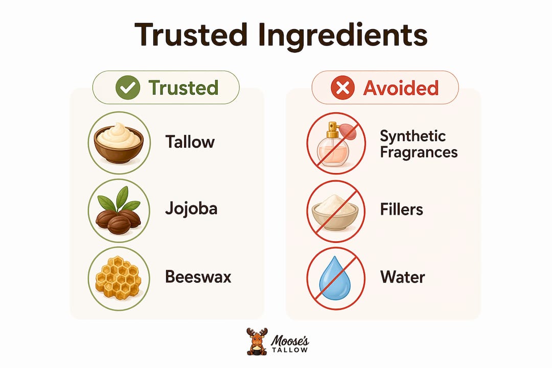 Infographic comparing trusted and avoided skincare ingredients