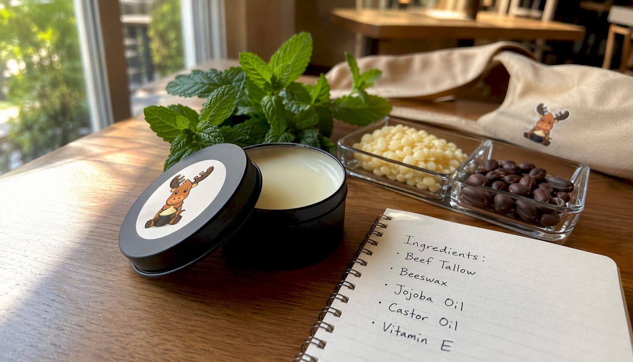 Matte black tallow container near printed ingredient list