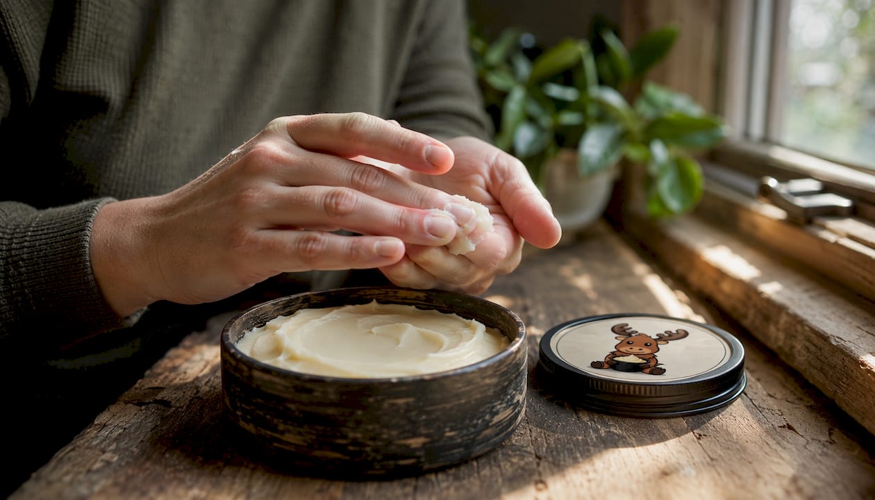 Close-up of hands scooping tallow from black matte tin