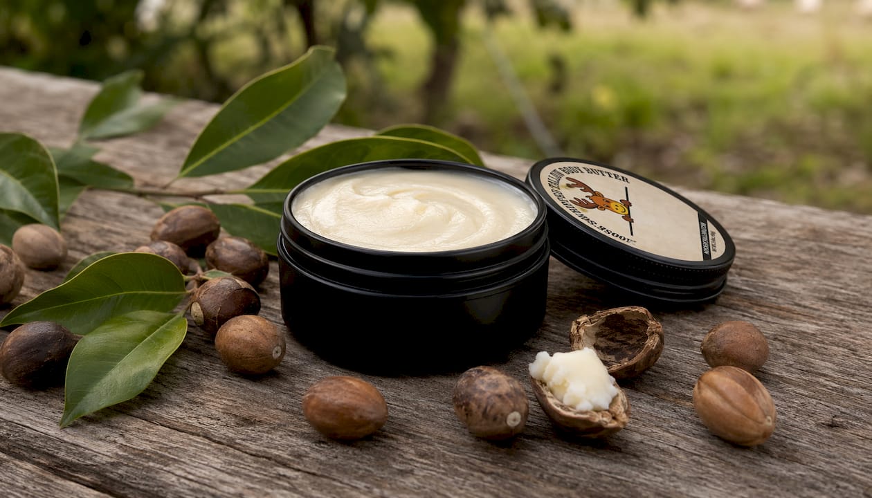 Open black matte tin of shea butter with raw nuts and leaves