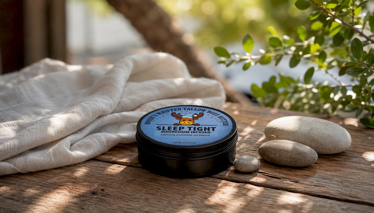Matte tin tallow container on bathroom counter with towel