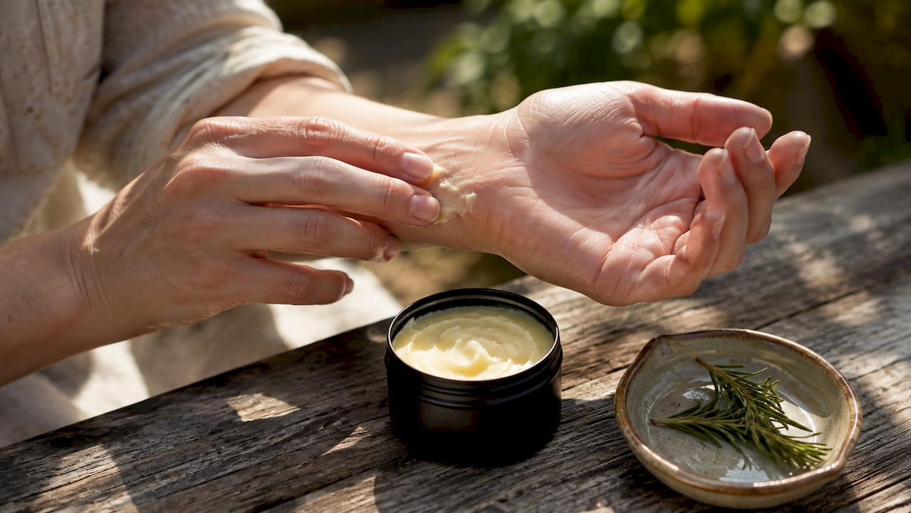 Close-up hands applying beef tallow from black matte tin