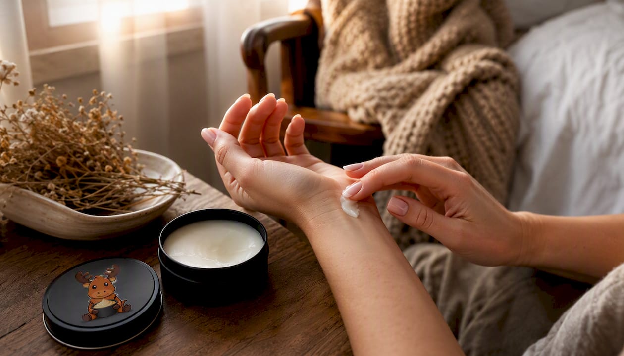 Hands applying balm from black matte tallow container