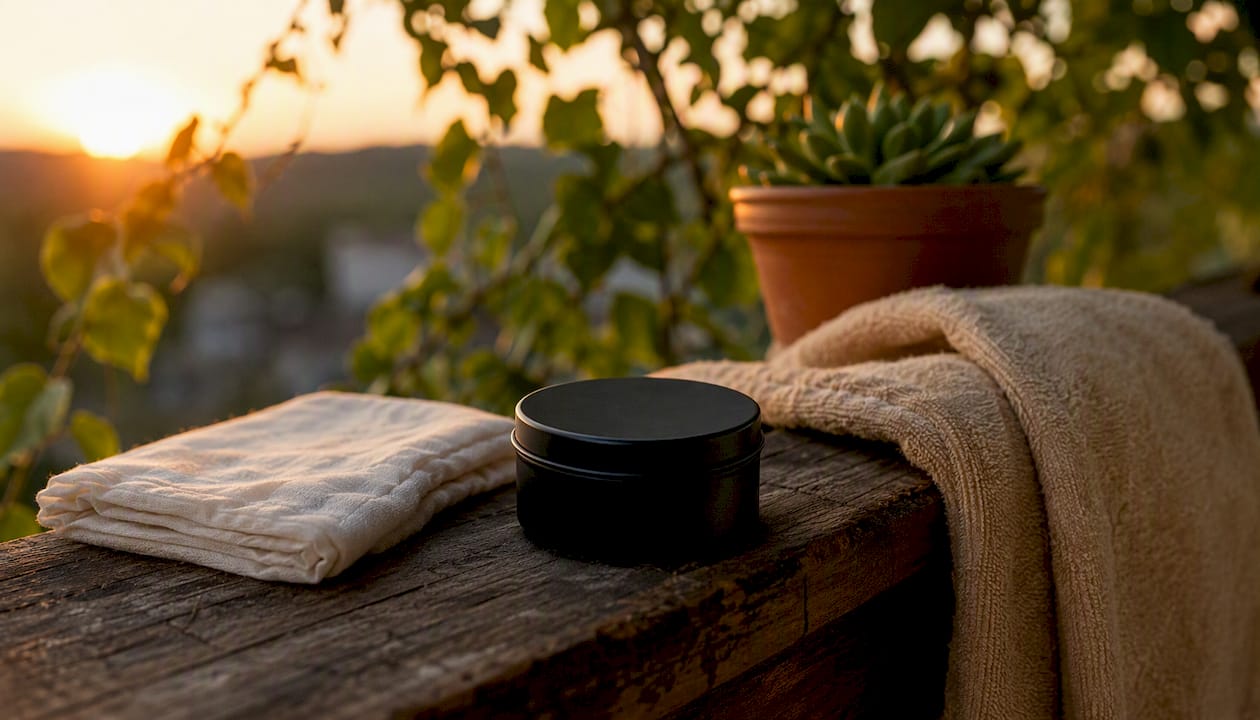 Matte black tallow container with cold compress cloth