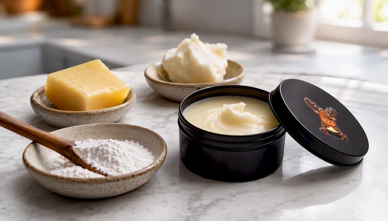 Black matte tin with magnesium deodorant and ingredients