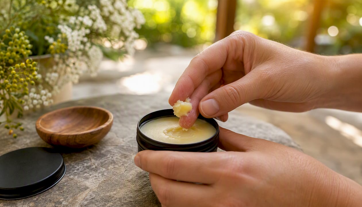 Hands scooping magnesium deodorant balm from black matte tin