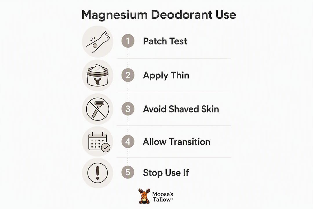 Infographic illustrating safe magnesium deodorant application steps